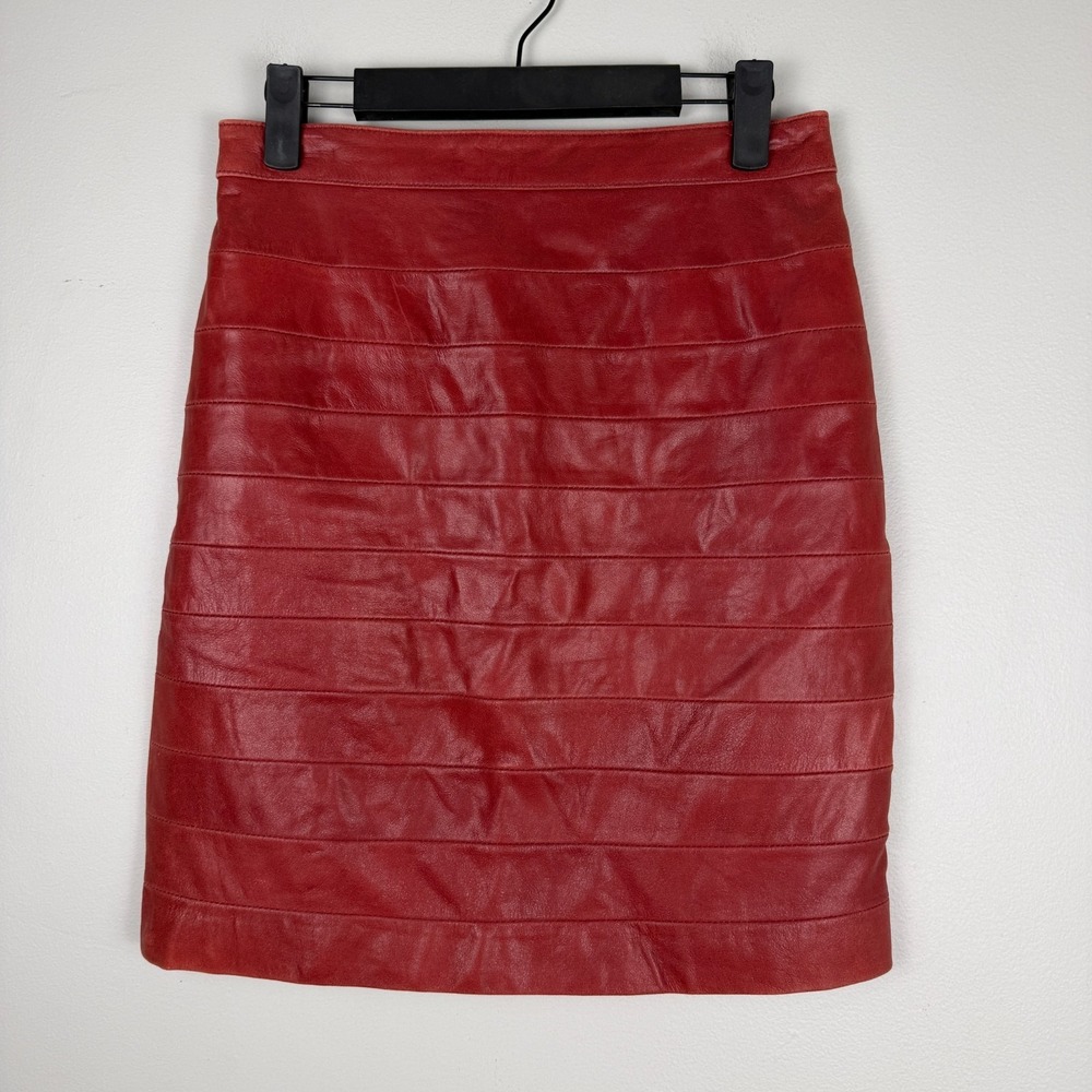 Paolo Santini Mini‎ Skirt Womens 6 Red 100% Leather Classic Straight Back Zip